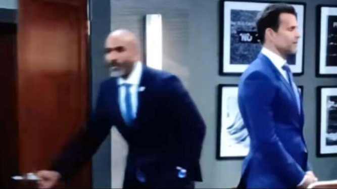 GH this week 20-24 January 2025, Curtis Ashford shows Drew Cain the door in the office he no longer holds at Aurora Media.